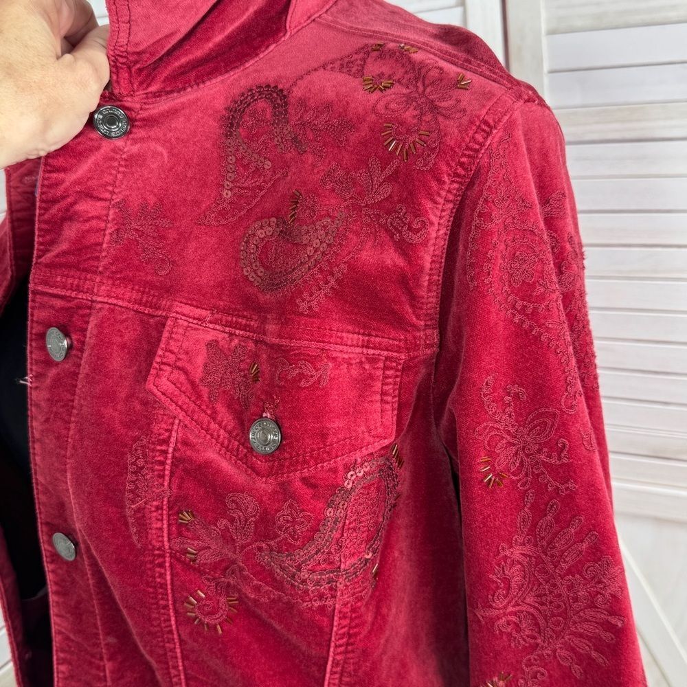 Chicos Boho Jacket Women XL 3 Red Velour Paisley Embroidered Beaded‎ Trucker - Picture 6 of 14